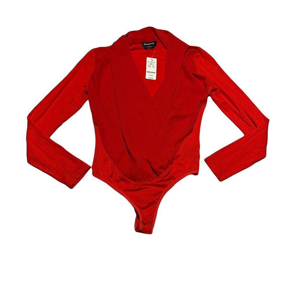 Bebe Plunge Front Red Long Sleeve Bodysuit Faux Wrap Deep V Women’s XS NWT